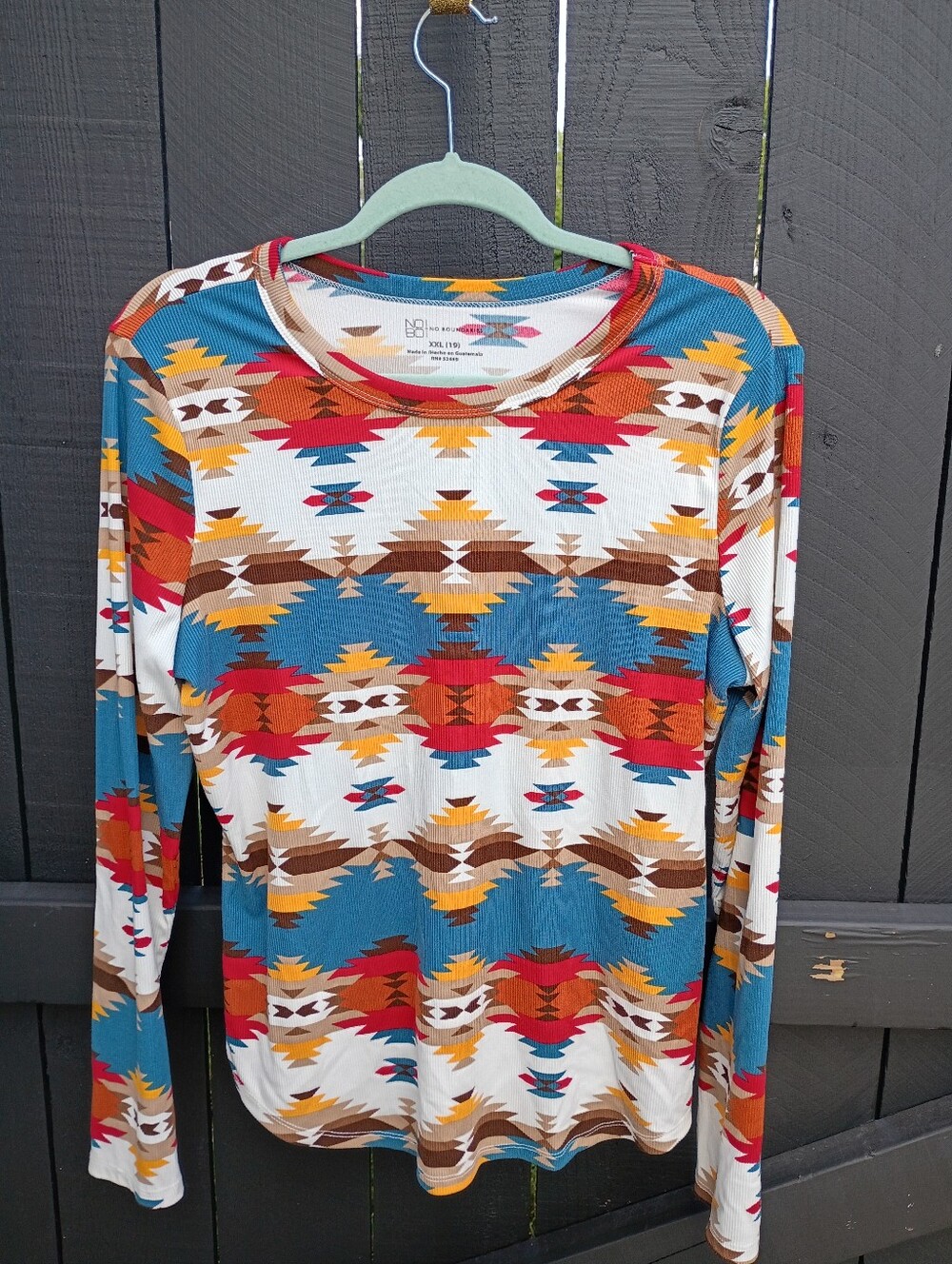 No Boundaries Women's Long Sleeve Aztec Print Tee in Blue, Red, Brown, White